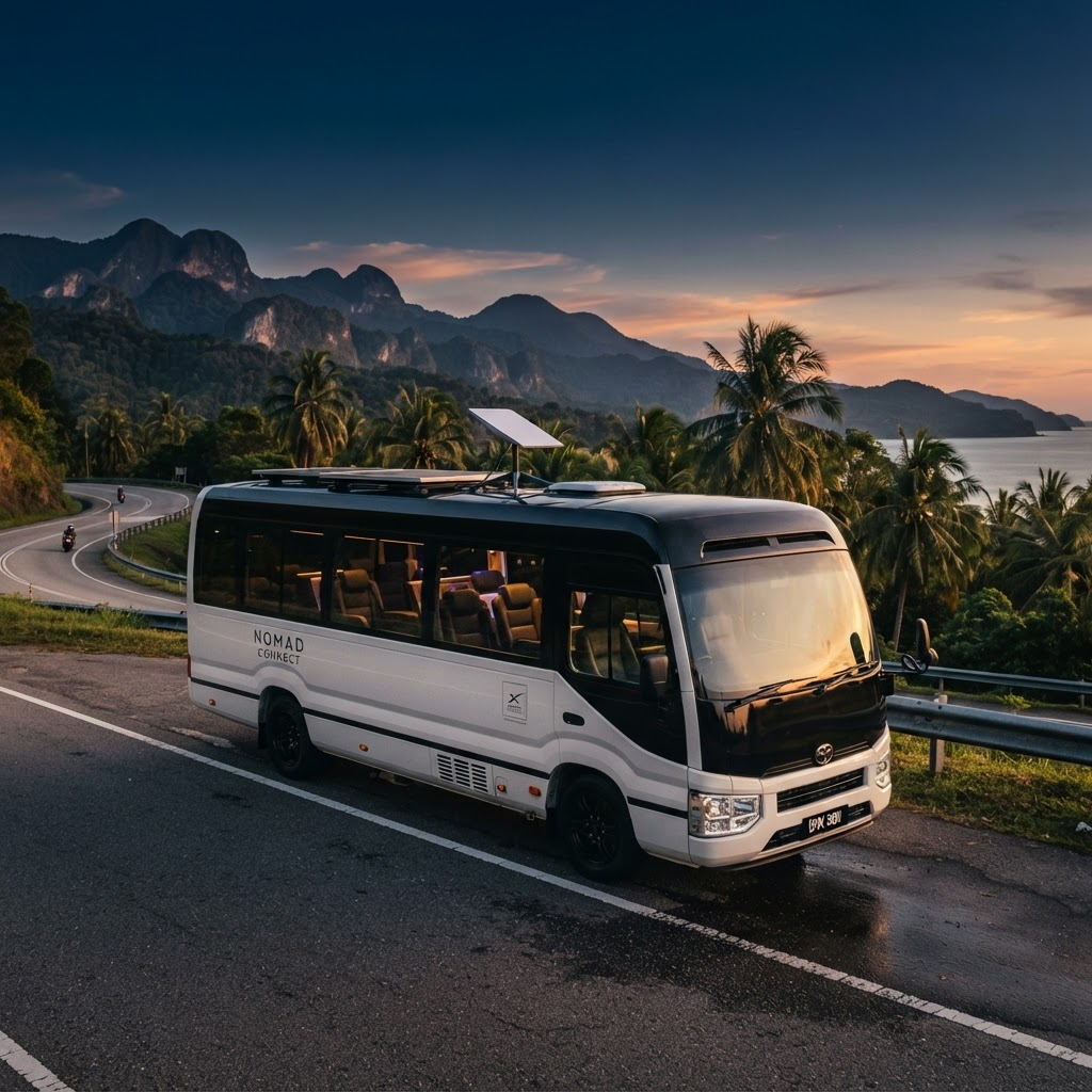 SafeRoam Express VIP coaster on a scenic highway with a Starlink dish mounted on the roof