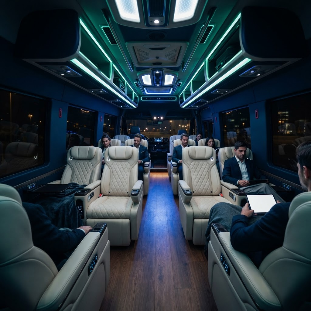 Interior of the SafeRoam Express Toyota Coaster VIP executive lounge with quilted leather captain chairs and ambient lighting